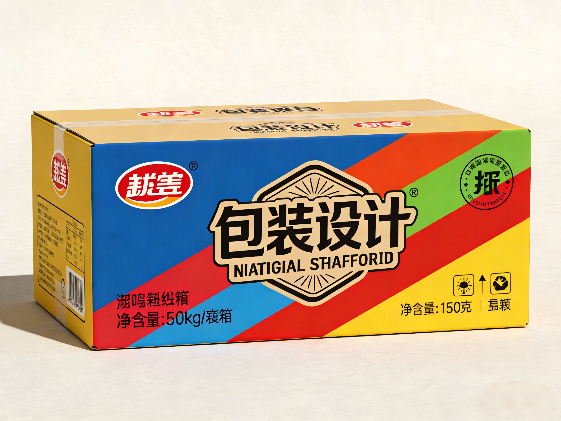 彩色印刷纸箱，表面印有彩色图案和文字，适合品牌包装使用